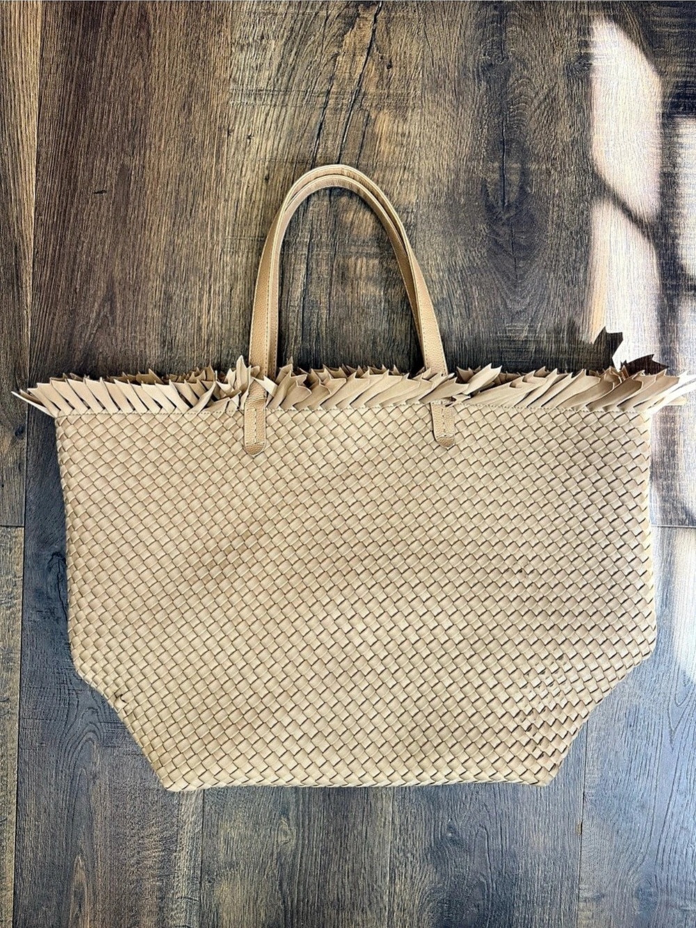 Naghedi Woven Fringe Tote in Beige